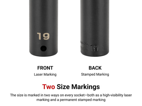 Front and back view of One Half Inch Drive Twenty One Millimeter Deep Six Point Impact Socket with laser and stamped markings