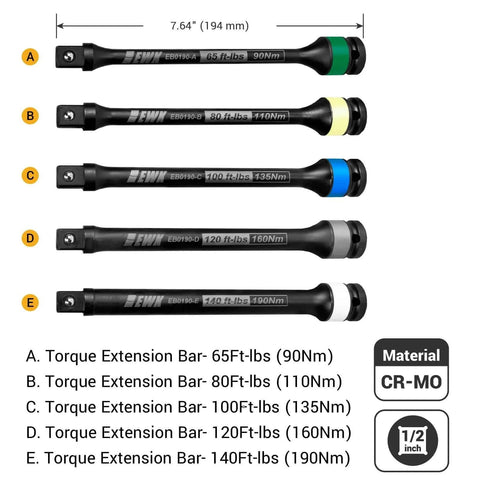 5 Pcs 1/2" Impact Torque Limiting Extension Bar Set, 65ft-lb to 140ft-lb, high precision, 8-inch CR-MO steel bars