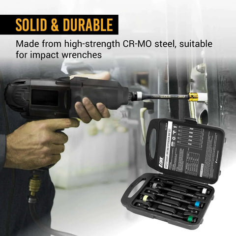 5 Pcs 1/2" Impact Torque Limiting Extension Bar Set, 65ft-lb, 80ft-lb, 100ft-lb, 120ft-lb, 140ft-lb, in use with tool case