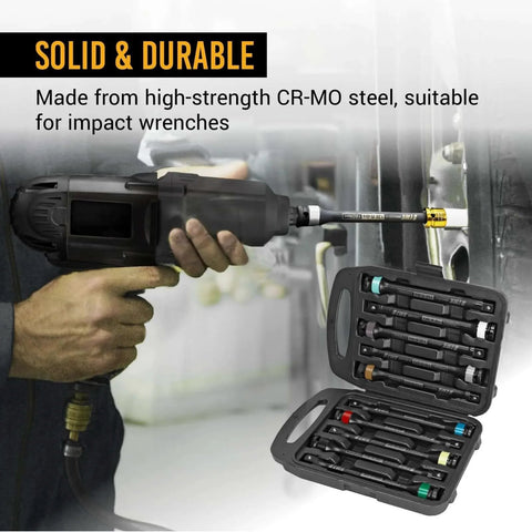 10 Pcs 1/2" Impact Torque Limiting Extension Bar Set, 65-150 Ft-lbs (90-200 Nm) shown with impact wrench and case