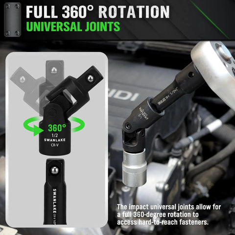 Rugged 18 Piece Impact Socket Extension Set With Swivel Universal Joint Deep Quarter Inch Drive in engine bay