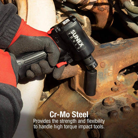 Mechanic using 3/8 Inch Drive Impact Universal Joint Cr Mo Steel Flexible Adapter with a wrench on rusted machinery.
