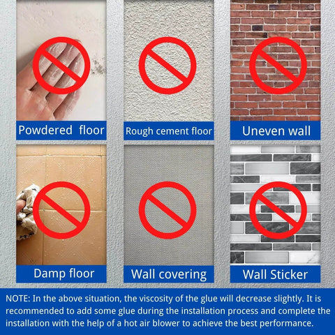 Diagram showing surfaces unsuitable for 3.28FT PVC Floor Transition Strip, like powdered floors and uneven walls, with red prohibition signs.