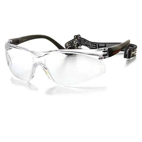 Impulse Racquetball And Squash Goggles with Anti Fog Lenses and Adjustable Strap, shown in front view with clear frame and black strap.