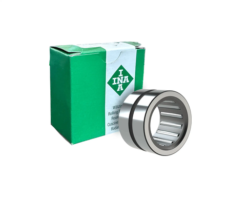 Machined Needle Roller Bearing NK20 Slash 20 By INA, 20 mm Inner Diameter, 28 mm Outer Diameter, shown with packaging.