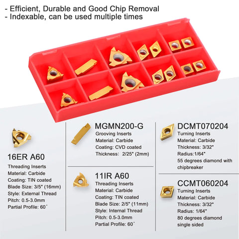 Lathe Turning Tool Kit With Seven Piece One Half Inch Indexable Lathe Tool Holders And Fourteen Carbide Inserts in red case