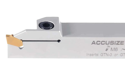 Heavy Duty Built To Last Indexable Grooving Cutoff Holder For Three Quarter Inch By Three Quarter Inch Grooving With Nickel Plated Body And Tin Coated Carbide Inserts GTN3 Accusize Industrial Tools, side view showing nickel-plated finish and tin-coated insert.
