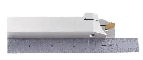 Heavy Duty Built To Last Indexable Grooving Cutoff Holder For Three Quarter Inch By Three Quarter Inch Grooving With Nickel Plated Body And Tin Coated Carbide Inserts GTN3 Accusize Industrial Tools next to a ruler