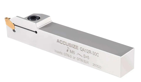 Heavy Duty Built To Last Indexable Grooving Cutoff Holder For Three Quarter Inch By Three Quarter Inch Grooving With Nickel Plated Body And Tin Coated Carbide Inserts GTN3 Accusize Industrial Tools showing side view.