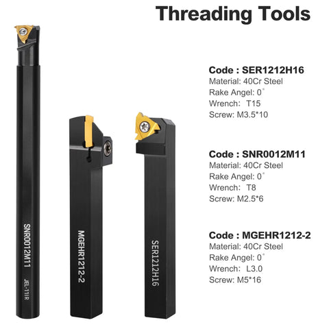 Lathe Turning Tool Kit With Seven Piece One Half Inch Indexable Lathe Tool Holders And Fourteen Carbide Inserts for threading shown.