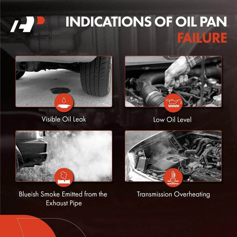 Indications of oil pan failure with images of visible oil leak, low oil level, blue smoke from exhaust, and transmission overheating.
