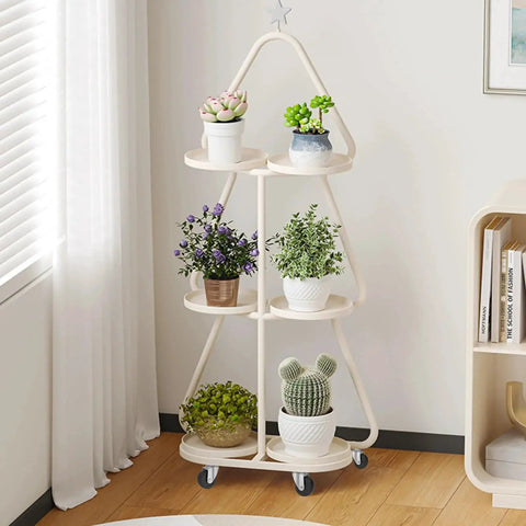 Indoor plant stand with multiple shelves on 2-inch swivel threaded casters for easy movement in a bright room.