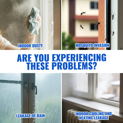 Weather Stripping Door Draft Stopper and Window Seal by Amazon; collage shows dust, mosquitoes, rain leakage, and drafts