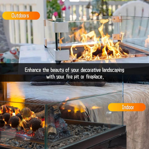 Ceramic Fire Balls for Fire Pit in use, showcasing black 4-inch fire stones in outdoor and indoor setups, set of 12 for fireplaces.