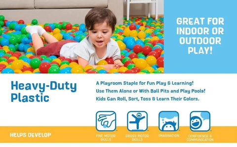Child playing with colorful play balls from Play Balls 100ct | for Indoor Play, Ball Pit, Bouncers, showcasing fun and learning benefits.