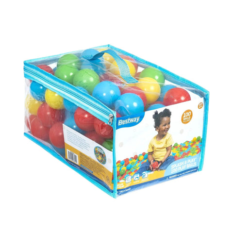 Clear bag with 100 colorful plastic play balls for indoor use, featuring Play Balls 100ct | for Indoor Play, Ball Pit, Bouncers label.