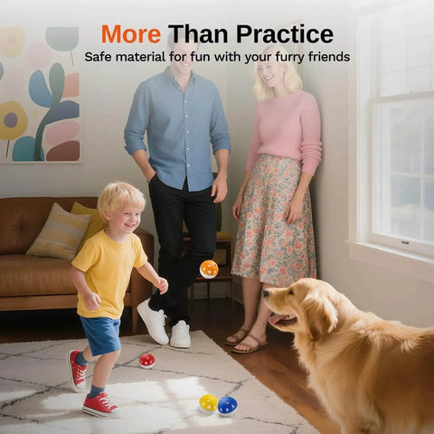 Family playing indoors with Full Choice Practice Golf Balls (20 Pack), Limited-Flight Training Balls, 5 Colors, with dog and child.