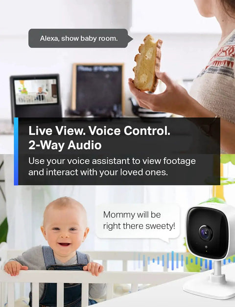 1080P Indoor Security Camera For Baby And Pet Monitoring With Motion Detection And Night Vision Two Way Audio shown in use with baby