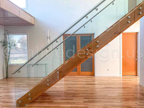 Modern staircase with glass railing using 2 Inch AISI 304 Grade Stainless Steel Glass Clamp Standoffs Pack Of 2 Black Matte Powder Coat Finish