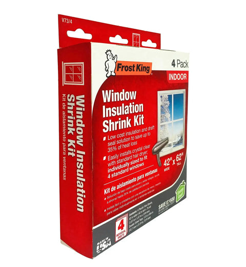 Indoor Window Insulation Kit 4 Pack Shrink Film for Windows packaging showing product details and included items