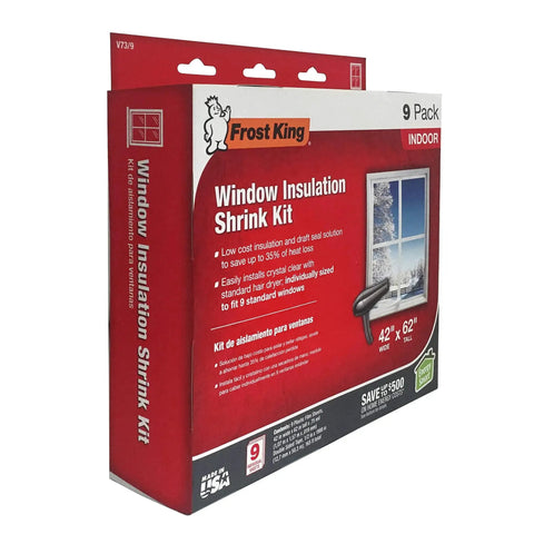 Packaging of Indoor Window Shrink Kit For 42 To 62 Inch Windows Clear 9 Pack, showing product details and window illustration