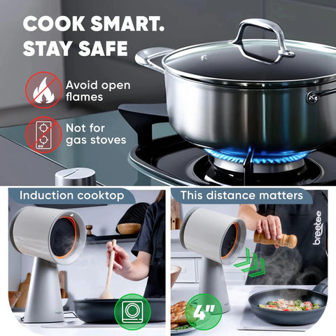 Portable countertop range hood with 5-layer filtration, 3-speed quiet exhaust, and plug-and-play setup for induction cooktops.
