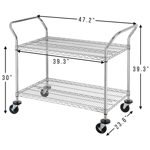 Heavy Duty 2 Tier Rolling Cart With Wheels And Handles For Commercial Use 600 Lb Capacity Built To Last Industrial Steel Utility Cart Kitchen Carts On Wheels NSF Certified 23.6 In D X 47.2 In W X 39.4 In H with dimensions
