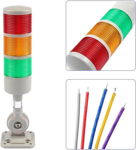 Industrial 3 Layer LED Signal Tower With Rotatable Base And Buzzer Alarm Msiud, 12 To 24V DC shown with colorful electrical wires.