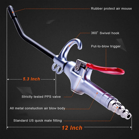 High Volume Air Blow Gun Aluminum Rubber Guard Air Flow Nozzle, Industrial Household Air Blower Gun, Pneumatic Air Compressor Accessories Dust Cleaning Tool with extended black nozzle and red trigger, labeled features, side view.
