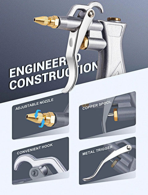 Industrial Air Blow Gun with Brass Adjustable Air Flow Nozzle and 2 Steel Extension features and components.