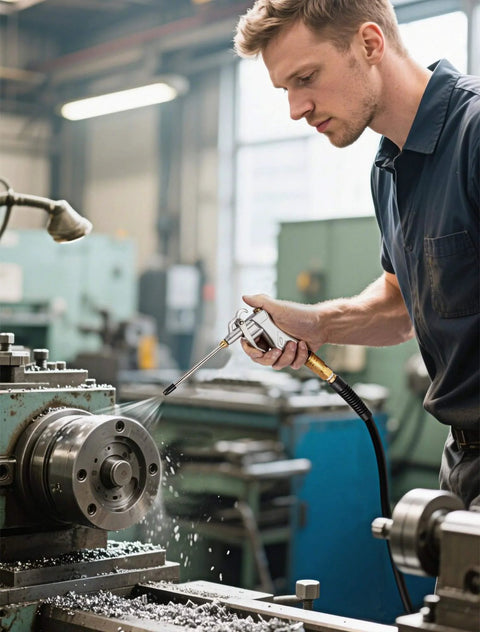 Person using Industrial Air Blow Gun with Brass Adjustable Air Flow Nozzle and 2 Steel Extension for dust cleaning on machinery.
