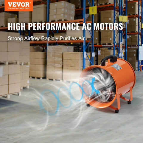 Industrial Portable Air Mover Blower Fan 12 Inch VEVOR 3198 CFM 585W With 33ft Flexible Duct in warehouse setting