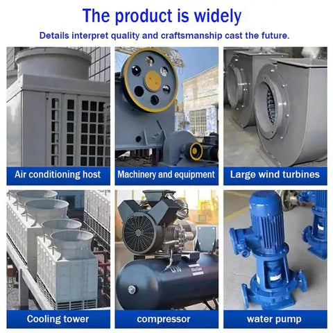 Composite image showing industrial machinery including air conditioning host, compressor, water pump, and wind turbines.