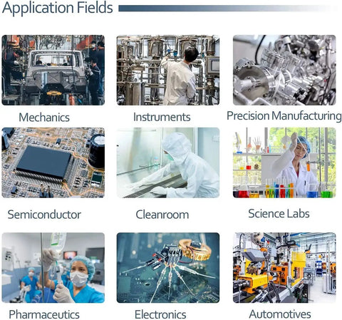Collage of application fields including mechanics, instruments, precision manufacturing, semiconductor, cleanroom, science labs, pharmaceutics, electronics, and automotives.