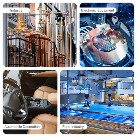 Collage of industry images: food processing machinery, electronic equipment, automotive interior, industrial production line.