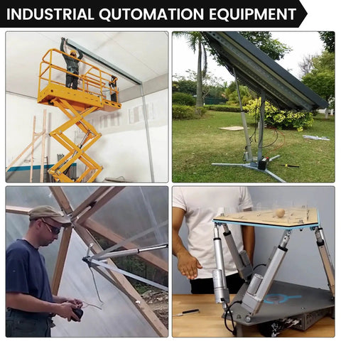 Industrial automation equipment featuring various applications of 12V DC linear actuators in different settings and devices.