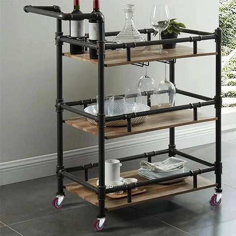 Serving cart with drinks on wooden shelves, black frame, and 2 Inch Threaded Stem Casters Set Of 4 Heavy Duty Polyurethane Industrial Castors Wheels.