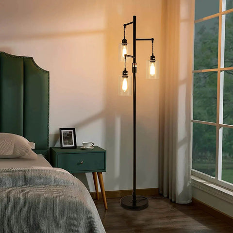 Industrial Floor Lamp With Dimmable On Off Switch Three Head Rustic Tree Style Standing Lamp For Living Room Reading Office And Bedroom Black Edison Bulb Compatible 40W Retro Tall Glass Floor Light Must Have For Any Space