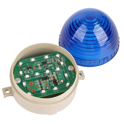 Industrial 110V Blue LED Warning Light Signal Tower Lamp with open plastic housing showing circuit board inside. Nxtop N3072B.