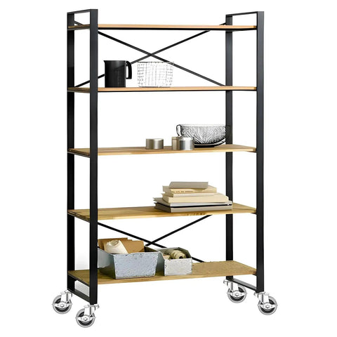 Metal and wood shelving unit on caster wheels, featuring Heavy Duty 4 Inch Threaded Stem Swivel Caster Wheels With 1/2-13 UNC Threads