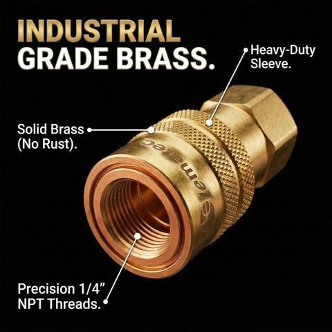 Close-up of a solid brass 1/4 NPT quick connect fitting from the 15-Piece Air Compressor Fittings Kit With 1/4 NPT Quick Connects.