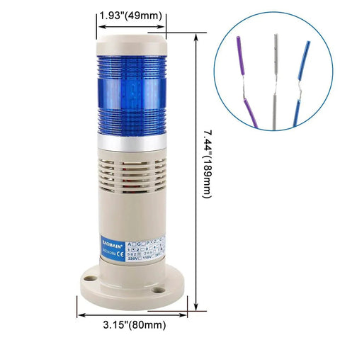 Alarm Warning Continuous Light 24V DC Heavy Duty Industrial Buzzer Signal Tower With Blue LED Model LTP 502TJ Durable Plastic Housing 80 X 190mm Audible Alert Easy Mount, showing dimensions and wiring details.