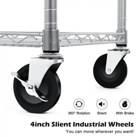 Built Tough 990 Lb Capacity Heavy Duty Rolling Utility Cart For Kitchen And Restaurant NSF Commercial Grade Metal Trolley With Wheels Handle Bar And Shelf Liner Anti Rust Chrome Finish For Easy Serving And Storage close-up of silent industrial wheels with brake