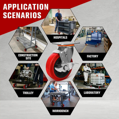 Image of an industrial grade 6x2 polyurethane caster shown with various application scenarios including hospitals, factories, and trolleys.