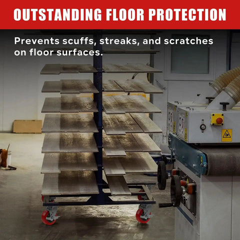 Heavy Duty 6x2 Inch Caster Set Of 4 Industrial Polyurethane Wheels with Pro Tech Tread in use on floor, preventing scuffs.