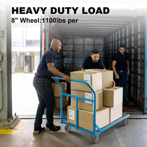 Men using cart with 8 x 2 Inch Heavy Duty Industrial Caster Wheels, thermoplastic rubber, moving boxes in warehouse, shock absorbing quiet design.
