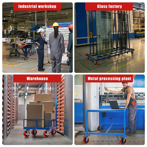 Casters in industrial settings, showing carts with Heavy Duty 6x2 Inch Caster Set Of 4 Industrial Polyurethane Wheels