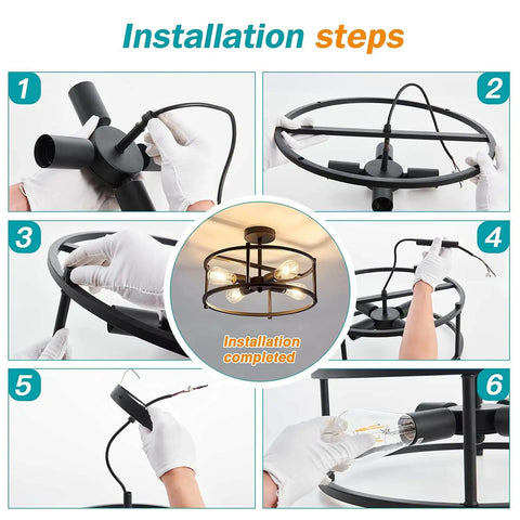 Installation steps for Industrial Semi Flush Mount Ceiling Light Four Light Rustic Metal Fixture In Matte Black