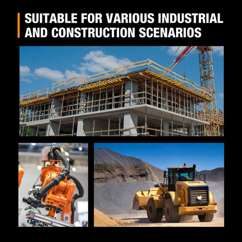 Industrial and construction scenarios with building site, robotic arms, and earth-moving equipment for hydraulic electric pump applications.