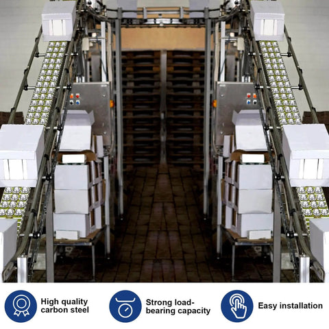 Industrial conveyor system with roller ball transfer units in operation, showcasing high load capacity and easy installation.